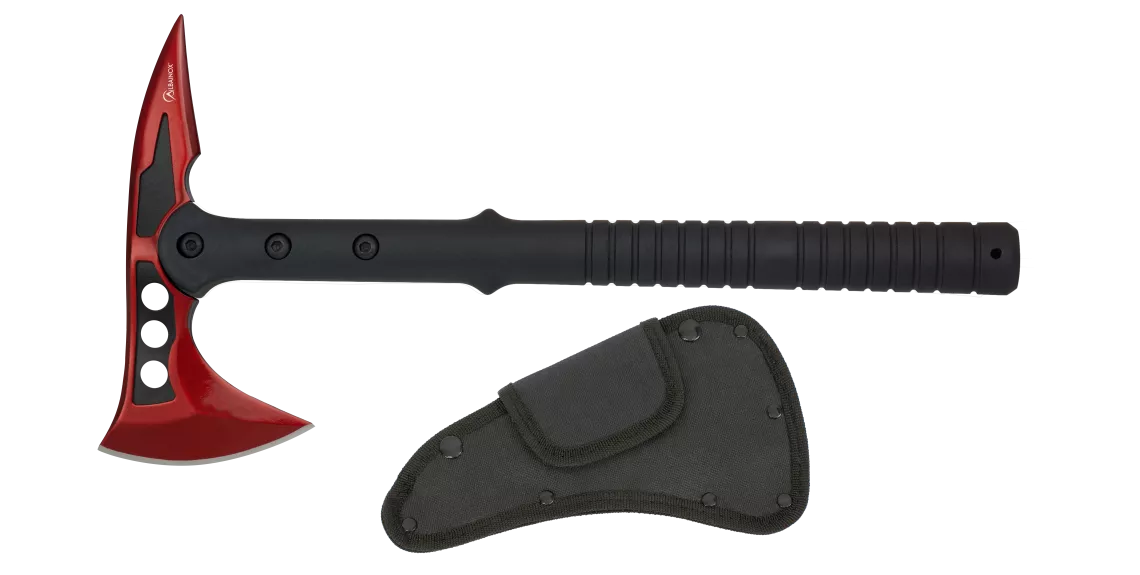 Hacha táctica marca Albainox roja - negra con funda