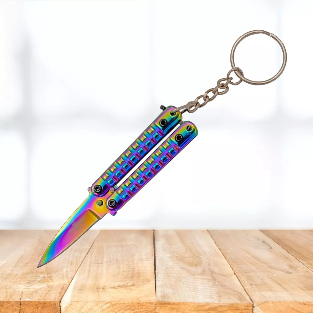 Navaja llavero tipo mariposa, rainbow brillante