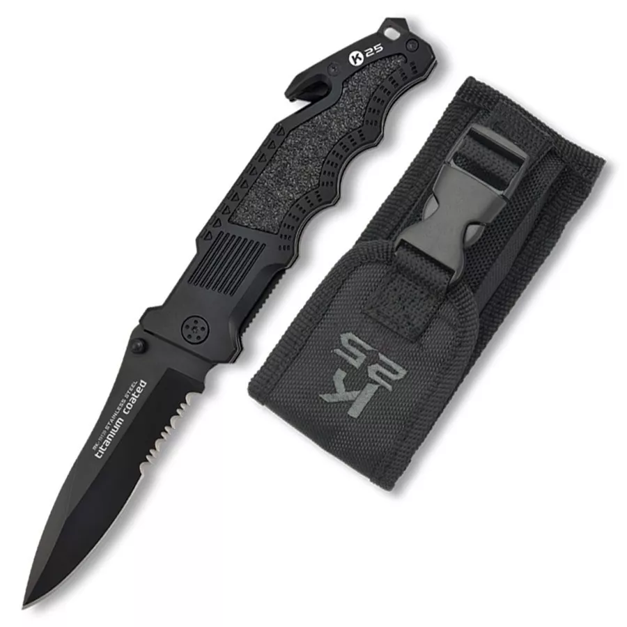 Navaja de rescate K25 negra, con funda