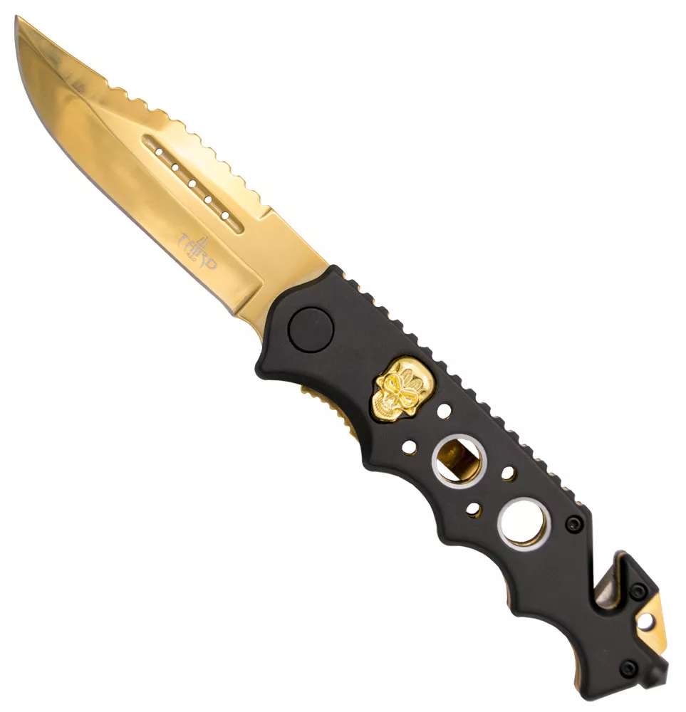 Navaja táctica Third diseño calavera, dorada (21,2 cm.)