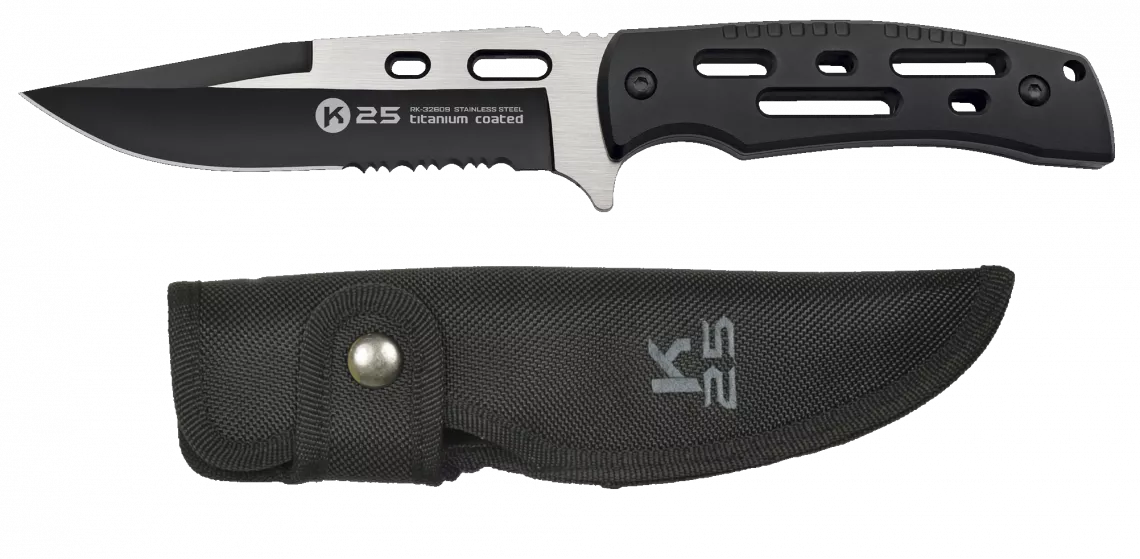 Cuchillo táctico K25 negro, hoja mixta con sierra