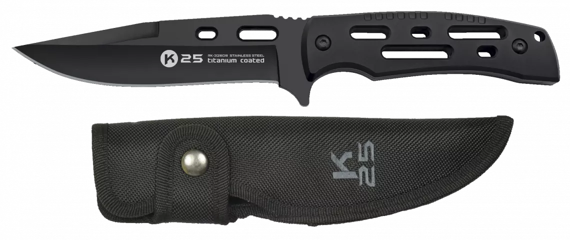 Cuchillo táctico K25 negro, hoja sin sierra