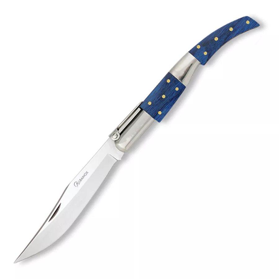 Navaja árabe, tipo carraca, mango en stamina azul, hoja 7 cm.
