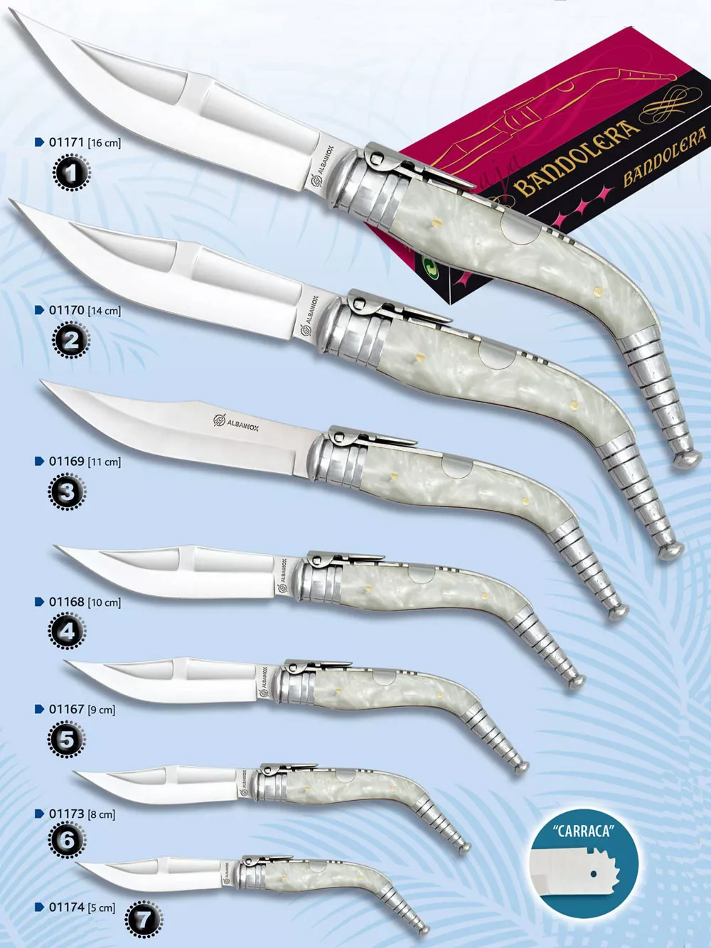 Navajas bandolera de carraca, mango de imitación nácar