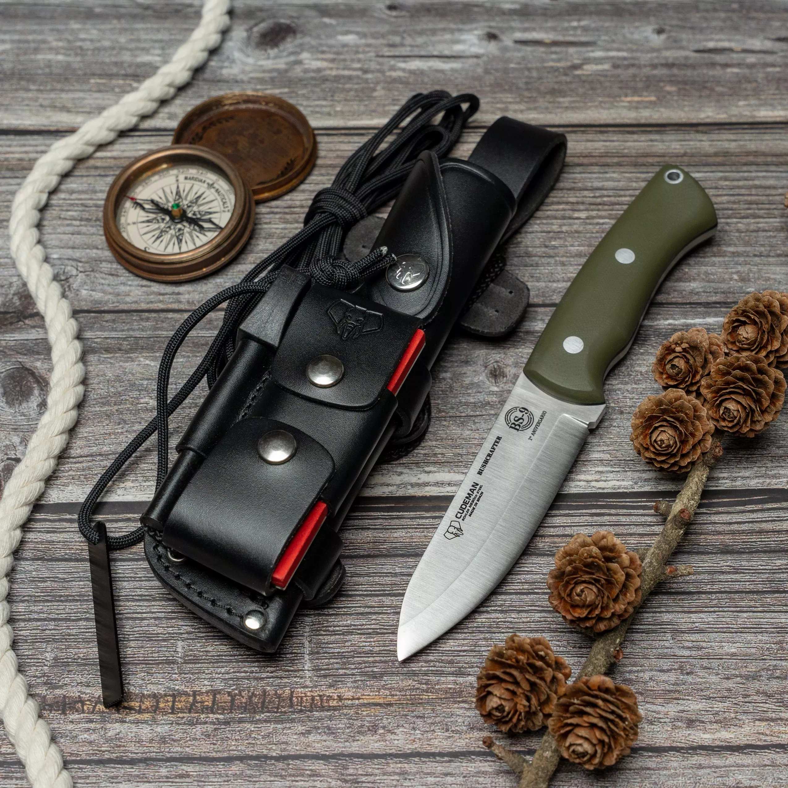 Cuchillo Bushcrafter marca Cudeman modelo 206-GVC, completo