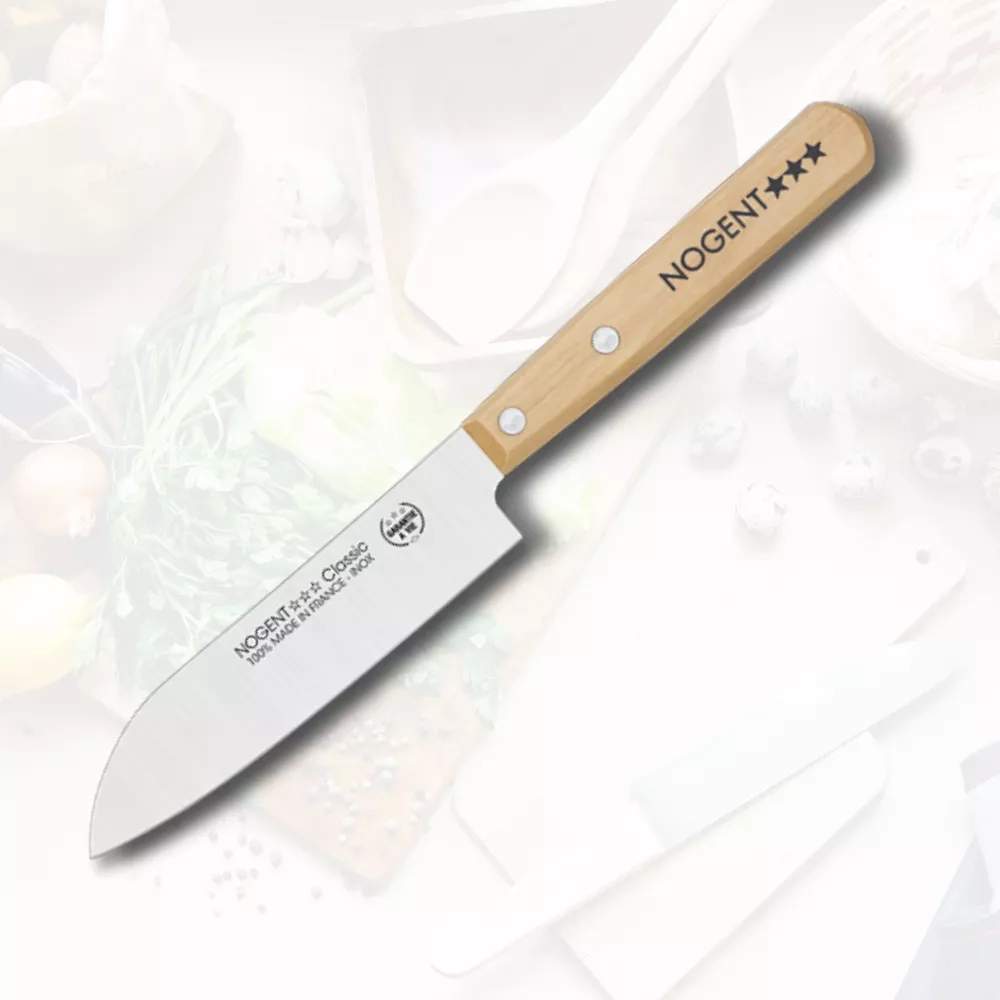 Cuchillo de cocina Santoku marca NOGENT, mango madera Haya