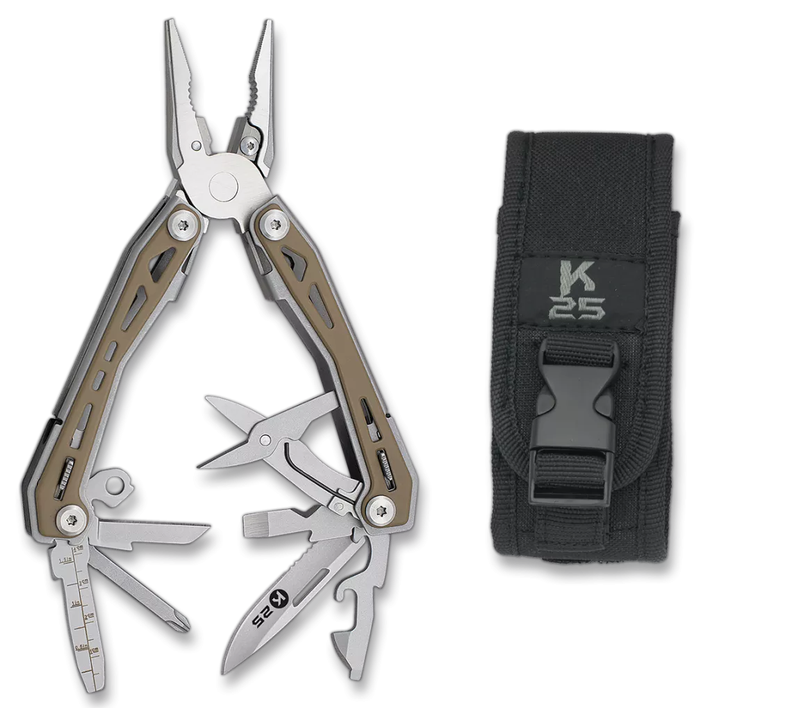 Alicate multiusos táctico marca K25 modelo coyote, 9 usos