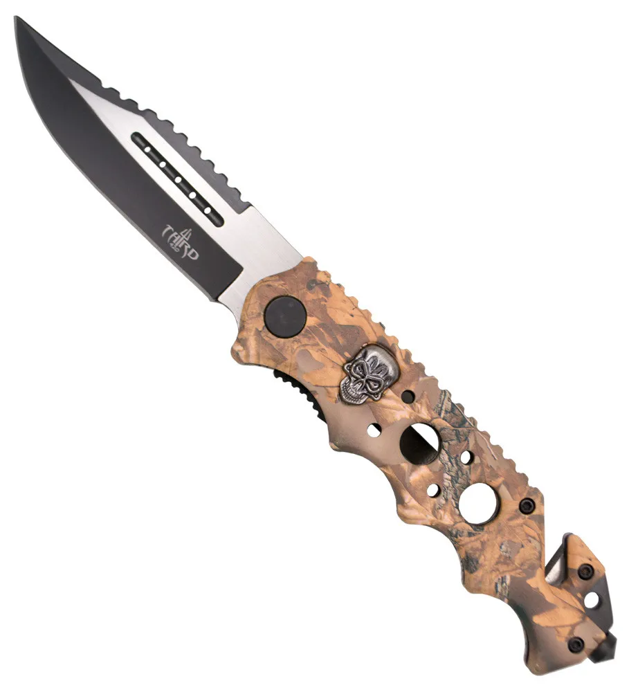 Navaja táctica Third diseño calavera, color madera (21,2 cm.)