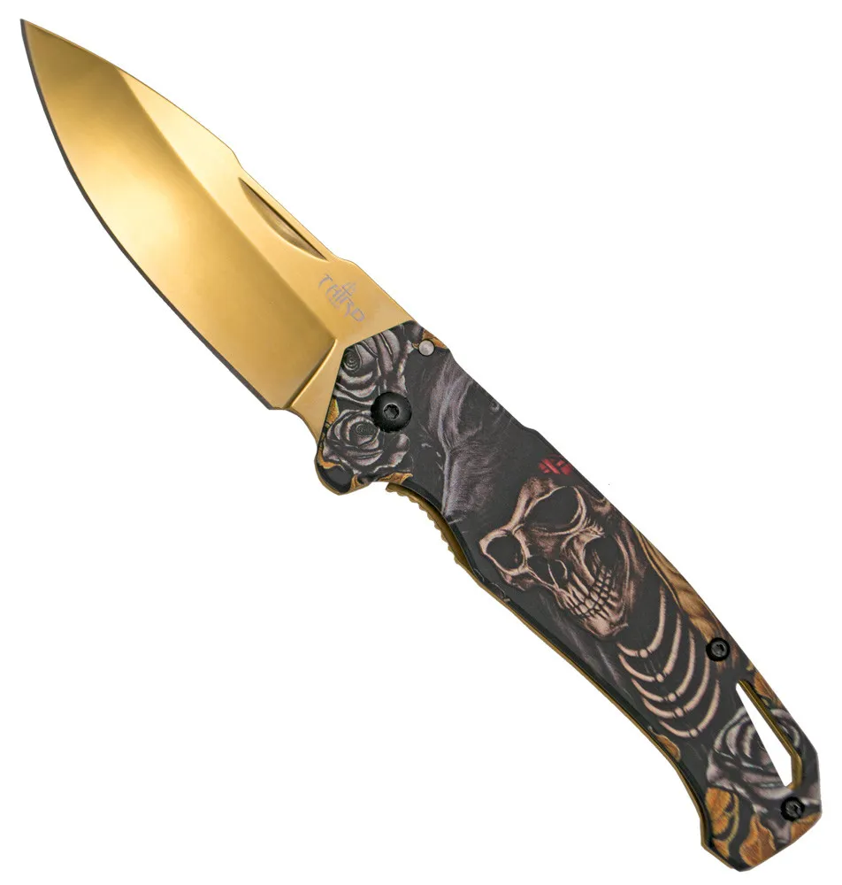 Navaja táctica Third diseño 3D dorado calavera (20,3 cm.)