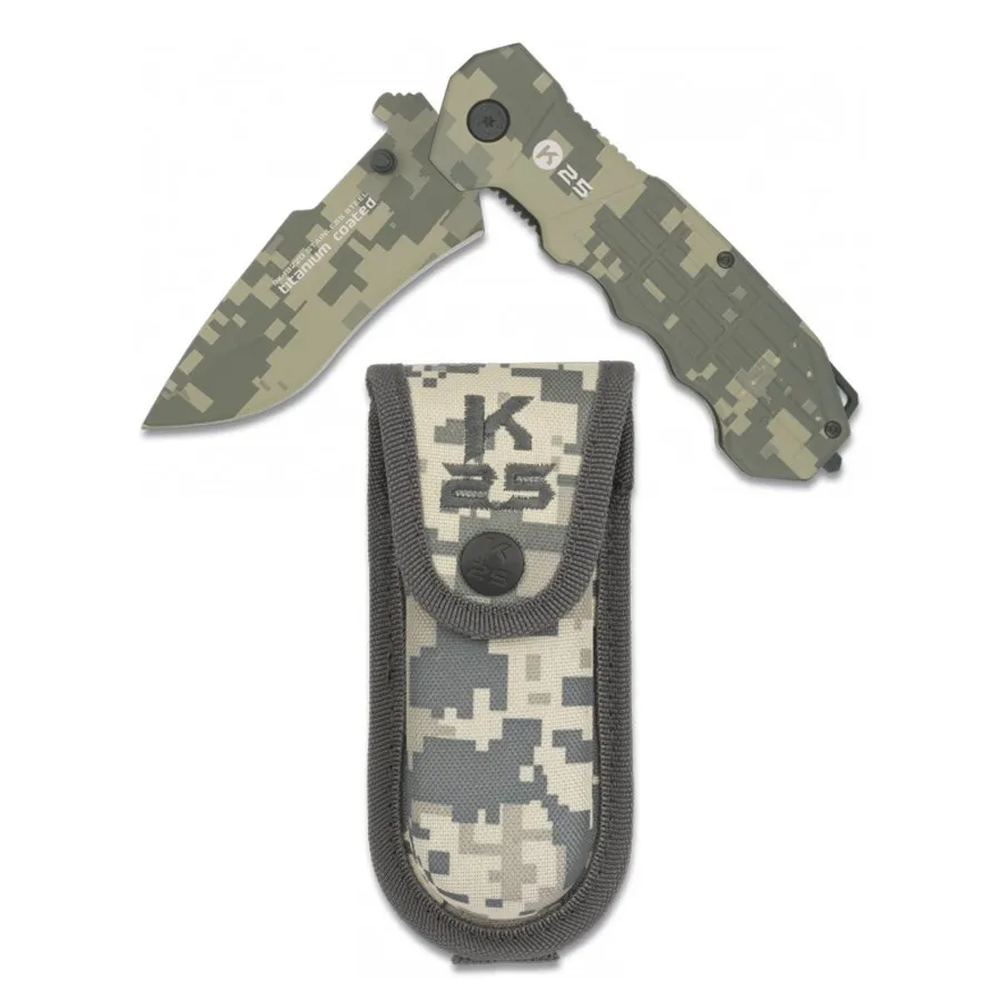 Navaja táctica marca K25 Camo Coated con funda (22,3 cm.)