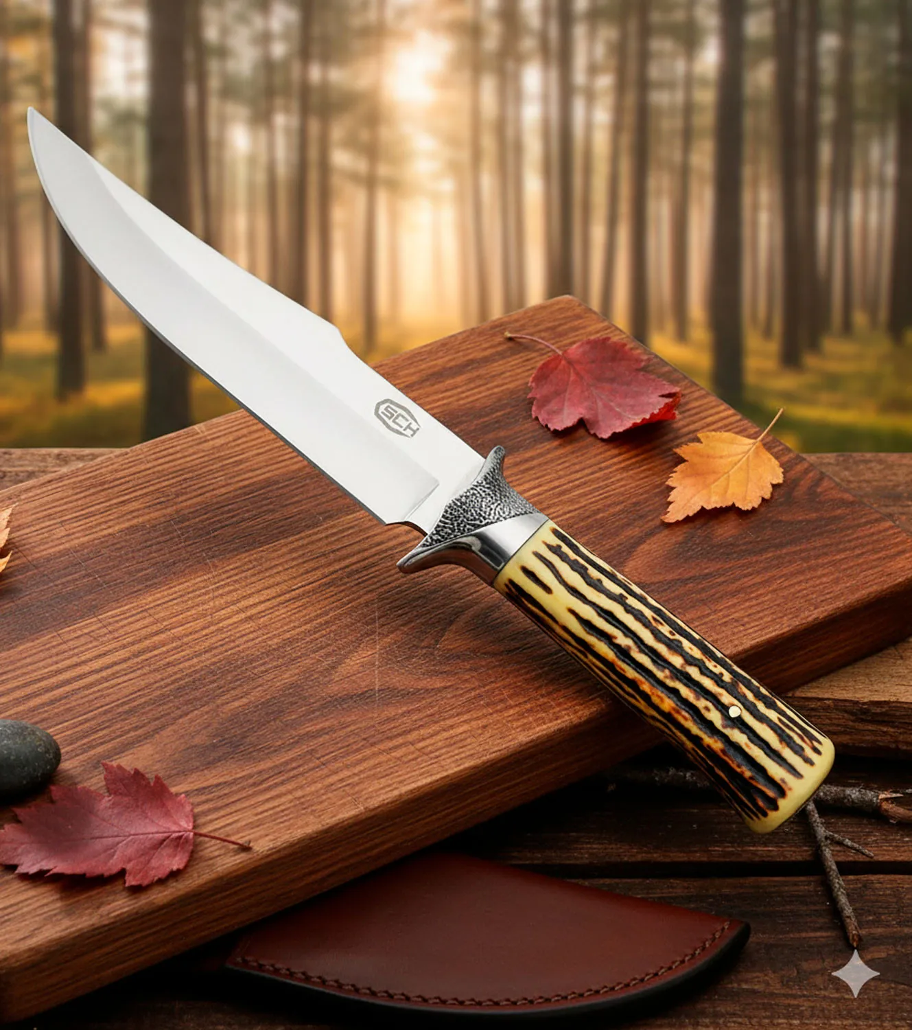 Cuchillo de caza SCK con funda, mango imitación asta (31 cm.)