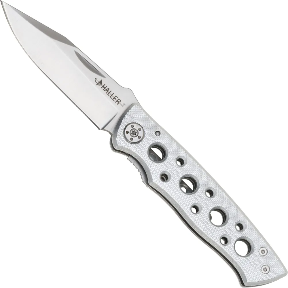 Navaja de bolsillo plateada mango agujereado (7,5 cm.)