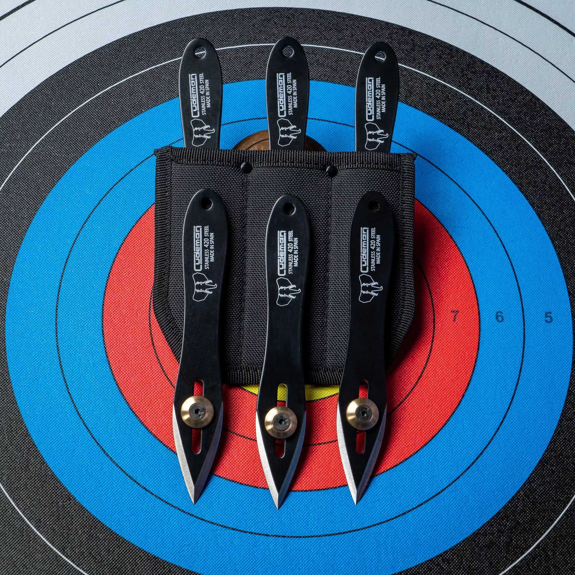 Set 3 Cuchillos lanzadores, acero negro, con 1 contrapeso y funda