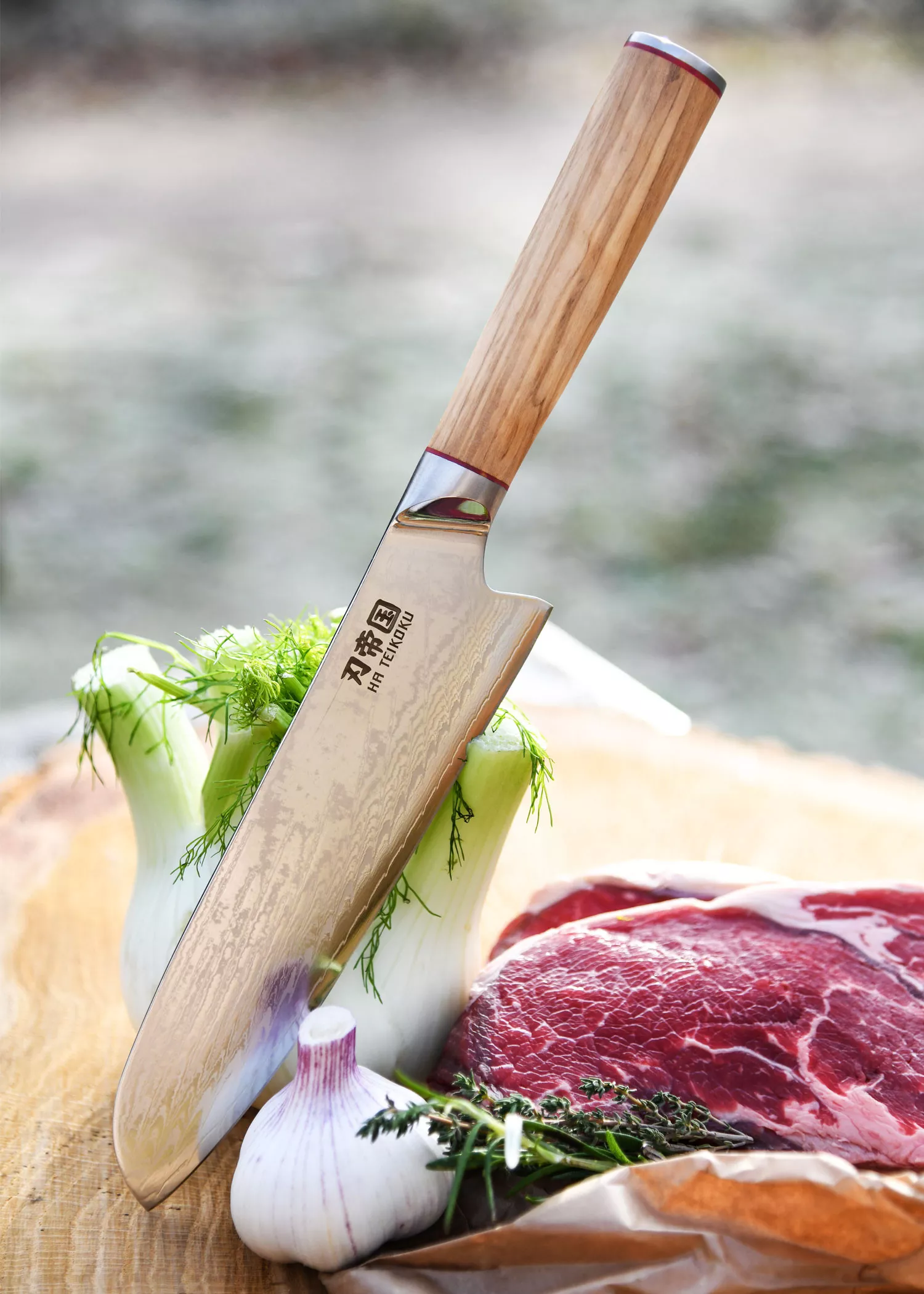 Cuchillo Cocina Santoku Ha Teikoku, hoja Acero Damasco (31,5 cm.)