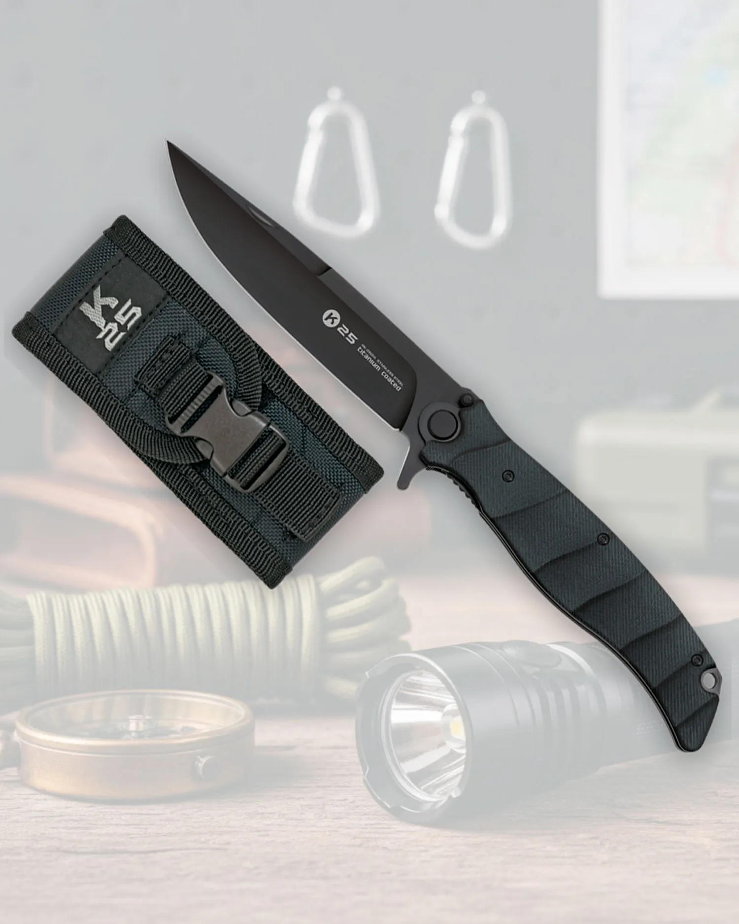 Navaja táctica K25 acabado titanio negro (26 cm.)