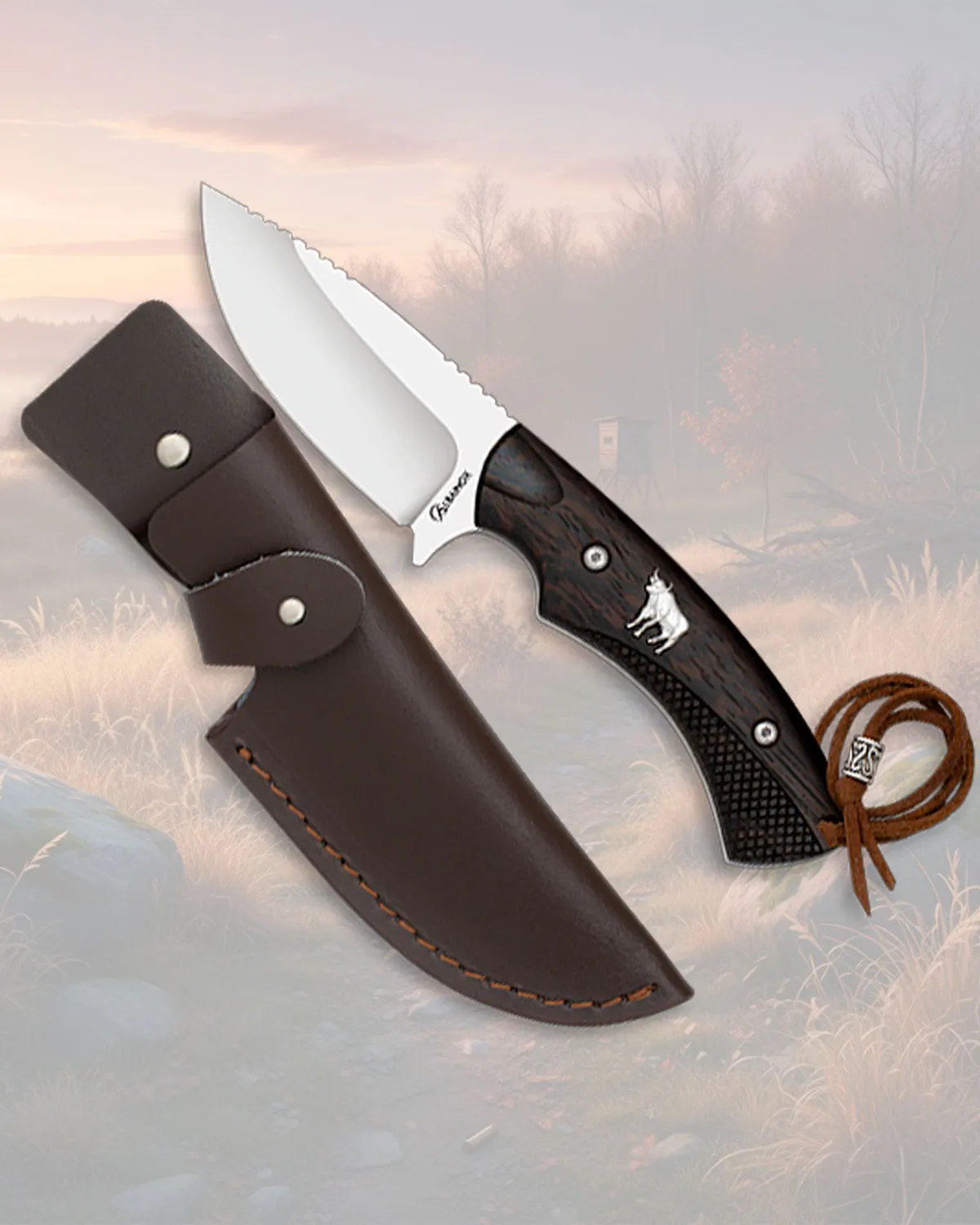 Cuchillo de caza Albainox madera Wengue chapita Toro, con funda